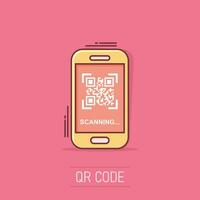 icono de teléfono de escaneo de código qr en estilo cómico. escáner en la ilustración de dibujos animados de vector de teléfono inteligente sobre fondo blanco aislado. efecto de salpicadura de concepto de negocio de código de barras.