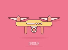 Drone quadrocopter icon in comic style. Quadcopter camera vector cartoon illustration on white isolated background. Helicopter flight business concept splash effect.