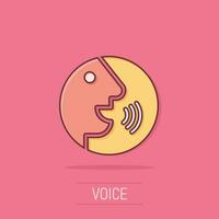 Voice command with sound waves icon in comic style. Speak control vector cartoon illustration pictogram. Speaker people business concept splash effect.