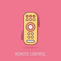 icono de control remoto en estilo cómico. controlador de infrarrojos ilustración de dibujos animados vectoriales sobre fondo blanco aislado. efecto de salpicadura de concepto de negocio de teclado de tv. vector