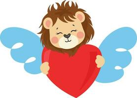 Cute lion holding a red heart with wings vector