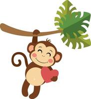 Cute monkey hanging from palm branch holding a heart vector