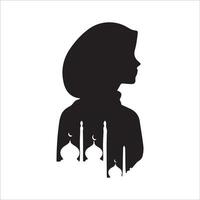 Silhouette of a muslim woman with mosque. Vector illustration.