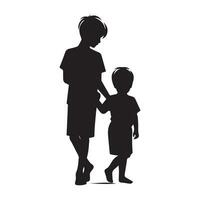 Two Brother walking Together, vector silhouette illustration isolated on white background.