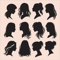 Set of silhouettes of women's heads with different hairstyles. vector
