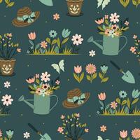 Seamless garden spring pattern with watering cans, flowers, shovels, hats. Vector graphics.