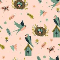 Seamless spring pattern with swallows, nests, birdhouses, feathers. Vector graphics.
