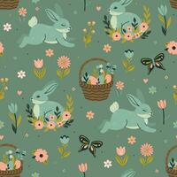 Seamless spring pattern with Easter bunnies, baskets with eggs, flowers. Vector graphics.