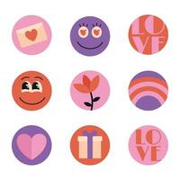 Set of Valentine Day icons, round flat stickers with romantic symbols, flower and characters. Vector illustration.