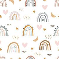 Nursery seamless pattern with cute characters. Rainbow with hearts, hand drawn in cartoon style. design for Newborn apparel, textiles and wallpaper vector