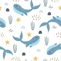 Nursery seamless pattern whale in the sea hand drawn design in cartoon style Use for textiles, prints, wallpapers, vector illustration