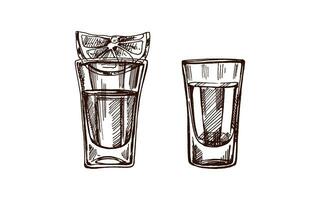 Hand-drawn shot glasses with tequila with a slice of lime. Design element for the menu of bars and restaurants, alcohol stores. Vector sketch illustration in engraving style. Mexican, Latin America.