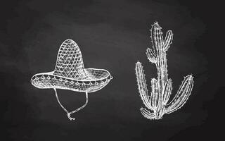 Hand-drawn sombrero and cactus sketches on chalkboard background. Vintage drawing of hat. Vector black ink outline illustration. Mexican culture, clothes, Latin America.