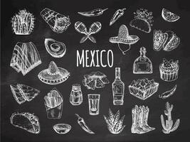 dibujado a mano conjunto de realista mexicano elementos en pizarra antecedentes. Clásico bosquejo dibujos de alimento, bebidas, ropa, herramientas. vector tinta ilustración. mexicano cultura. latín America.