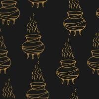 Seamless pattern with boiling magic cauldron. Hand drawn vector illustration.