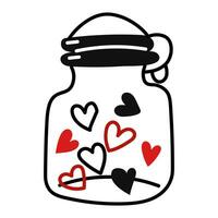 A jar of pills in the shape of colored hearts. A closed glass jar with pills for lovers. Flat vector illustration in doodle style. Lines in red and black colors. Pills for lovers isolated on a white