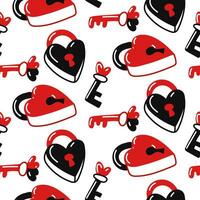 Seamless pattern of heart-shaped locks and keys. A flat doodle illustration for Valentine's Day. Closed locks with keys in red and black colors on a white background. Gift wrapping for a holiday vector