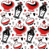 Seamless pattern with love potion in doodle buns of different shapes with hearts for Valentine's Day packaging. Cartoon vector isolated design for wallpaper, wrapping paper, textiles on a white