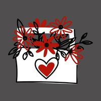 Bouquet of flowers in a flat box in two colors red and black. A bouquet of white and red daisies with a doodle-style heart. Vector isolated illustration. A gift for Valentine's, birthday, mother's day