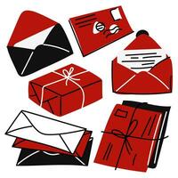 A set of letters and parcels. Everything is packed and delivered on time, mailboxes and letters are open and closed, individual illustrations, a collection of vectors. Red black white, Valentine's Day vector