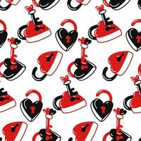 Seamless pattern of heart-shaped locks and keys. A flat doodle illustration for Valentine's Day. Closed, open locks with keys in red and black colors on a white background. Gift wrapping for a holiday vector