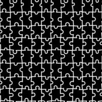 A hand-drawn puzzle pattern with a white outline on black. Seamless mosaic texture on a white background. An assembled puzzle for awareness day. Flat doodle texture for printing on textiles and paper vector