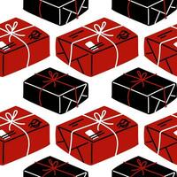 Vector seamless pattern of parcels with stamps in red, black, and white colors. A hand-drawn postal background with boxes tied with thread. Mail correspondence. A gift with a bow