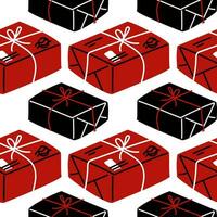 Vector seamless pattern of parcels with stamps in red, black, and white colors. A hand-drawn postal background with boxes tied with thread. Mail correspondence. A gift with a bow