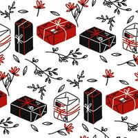 Vector seamless pattern of parcels of different sizes with flowers and leaves. In red, black and white colors. A hand-drawn postal background with boxes tied with threads. A gift with a bow