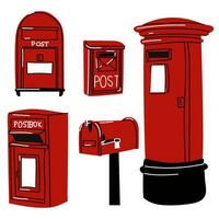 Mailboxes, a set of mailboxes for letters. Different mailboxes in red and black colors. Modern vector illustration, hand-drawn. Isolated design elements. Delivery, message, communication concept Boxes