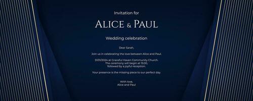 A luxury wedding invitation in blue and gold, with geometric patterns and elegant retro vibes. The vector illustration creates a premium and modern design suitable for a stylish celebration. Not AI.