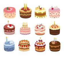 Set of birthday cakes with celebration candles and chocolate slices vector