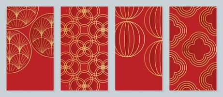 Chinese New Year 2024 card background vector. Year of the dragon design with golden lantern, flower, chinese pattern. Elegant oriental illustration for cover, banner, website, calendar, envelope. vector