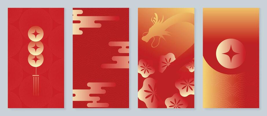 Chinese New Year 2024 card background vector. Year of the dragon design with golden dragon, hanging coin, chinese pattern. Elegant oriental illustration for cover, banner, website, calendar, envelope.