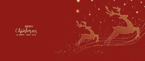 Luxury christmas and happy new year concept background vector. Elegant glittering gold christmas reindeer decorated with twinkling star on red background. Design for wallpaper, card, cover, poster. vector