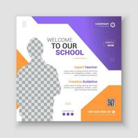 Back to school social media cover page or web banner template, abstract purple color shape online education or back to school layout square banner post design ad, timeline banner vector