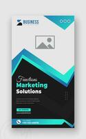 Digital marketing solution or corporate business social media story template design with abstract cyan gradient color shapes on black background vector