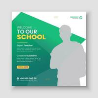 Back to school social media cover page or web banner template, online education or back to school layout square banner post design advertisement, editable timeline banner in abstract green color shape vector