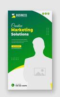 Digital marketing solution or corporate business social media story template design with abstract green gradient and yellow color shapes on white background vector