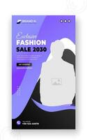 Fashion sale 2030 social media post design or ad banner template, modern minimal urban trendy fashion design for social media stories for promotion in abstract purple and black colorful shapes vector