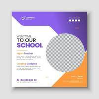 Back to school social media cover page or web banner template, online education or back to school layout square banner post design advertisement, timeline banner in abstract purple shape vector