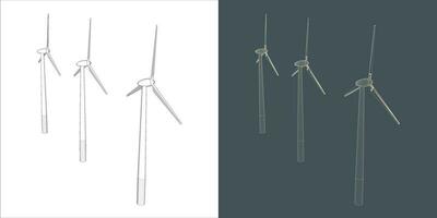 Vector windmill Wind turbine line Wire-frame style . Alternative renewable power generator - green energy