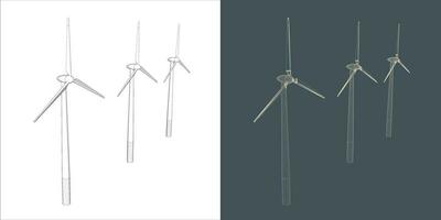 Vector windmill Wind turbine line Wire-frame style . Alternative renewable power generator - green energy