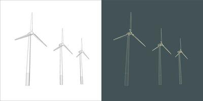 Vector windmill Wind turbine line Wire-frame style . Alternative renewable power generator - green energy