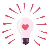 Light bulb lamp with heart icon inside in groovy retro style. Valentines day love symbol. Vector Flat or Cartoon style illustration. Love is Power concept. Romantic design element for Card, Poster.