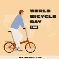 World Bicycle Day Banner. Man riding street folding bicycle in city vector flat illustration. Smiling male bicyclist dressed in stylish clothes riding bicycle. Happy young man on bike.