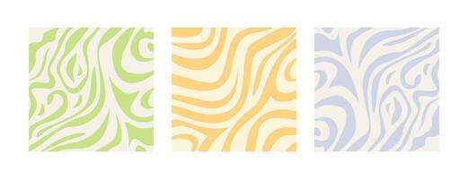 Set of abstract liquid wavy patterns in pastel bleached colors. Psychedelic backgrounds in retro 60s 70s style. Collection of hippie aesthetic groovy print. Vector illustration in flat style.