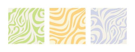 Set of abstract liquid wavy patterns in pastel bleached colors. Psychedelic backgrounds in retro 60s 70s style. Collection of hippie aesthetic groovy print. Vector illustration in flat style.