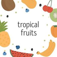 Tropical fruits square card design with place for text. Different summer sweet berries and organic products. Exotic fruity juicy background template for menu. Modern colored flat vector illustration.