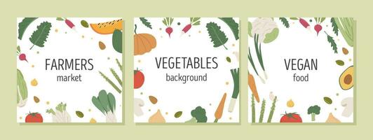 sano comida marco con antecedentes para texto. cuadrado tarjeta diseño con Fresco vitamina vegetales. minimalista frontera con sano orgánico verduras. cubrir modelo con comestibles. plano vector ilustración.